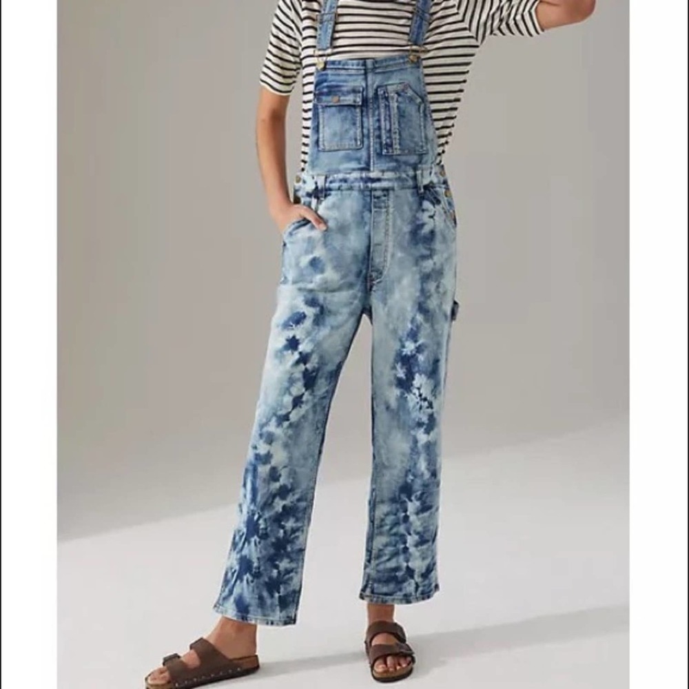 NEW Pilcro Anthropologie Bleached Tie-Dye Denim Painters Overalls